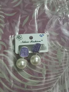 Pearl Drop Earrings - Purple Accent