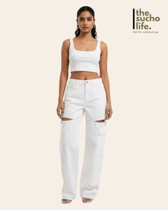 White Cutout Cargo Pants | Free Delivery