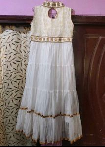 Elegant White &amp; Gold Anarkali Dress