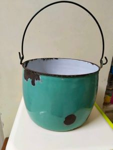 Vintage Teal Enamel Kettle Pot - Rustic Decor