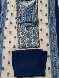 Blue Cotton Printed Embroidered Kurta Set