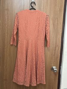 Coral Peach Lace Flare Dress With Half Sleeves