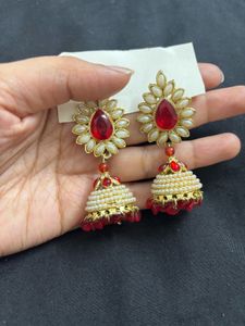 Pearl Beaded Red Jhumki