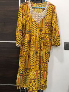 Yellow Printed Kurta With Lace