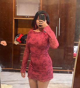 Maroon Red Floral Long Sleeve Mini Dress