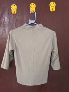 Grey-green Ribbed Zip-Up Top