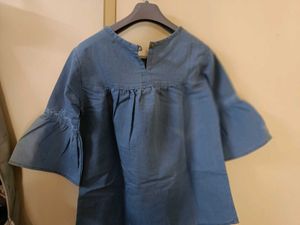 Blue Embroidered Ruffle Denim Top