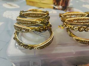 Elegant Gold &amp; Pearl Bangles (Set of 8)