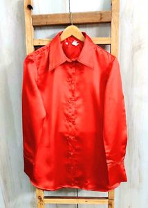 Red Satin Button-Down Shirt size-36-M
