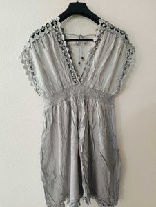 Gray Crochet Trim V-Neck Top