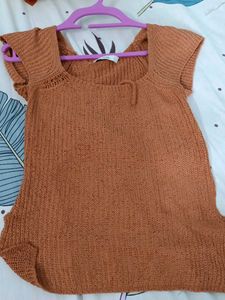 Brown Knit Square Neck Top