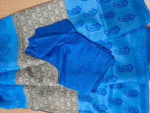 Blue &amp; Grey Patterned Saree
