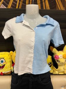 Two-Tone Sky Blue & White Button-Up Ribbed Polo To