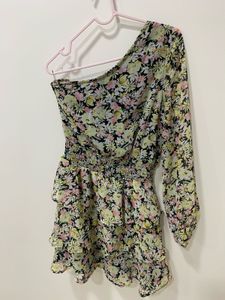 Floral One-Shoulder Ruffle Mini Dress
