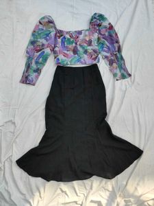SHEIN Floral Top & Black Mermaid Skirt Set