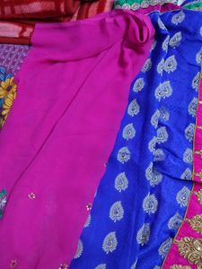 Blue &amp; Pink Rajsthani Design Silk Soft Saree