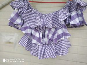 White &amp; Purple Checked Off Shoulder Top