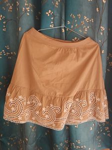 Tan Skirt with Embroidered Hem
