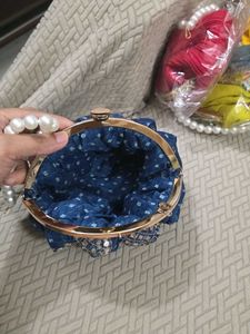 Blue Embroidery Potli Clutch With Pearl Handle