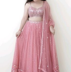 Designer Peach-Pink Embroidered Heavy Lehenga Set