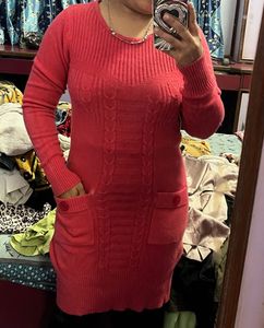 Pintrest Red Knit Sweater Dress with 2 pockets