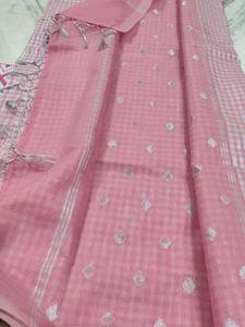 BABY PINK AND SILVER CHECKS SAREE