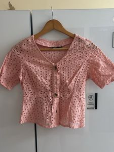Pink Eyelet Button-Up Top