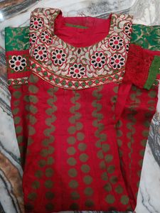 Red & Green Embroidered Kurta