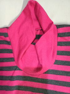 Pink And Gray Highneck Stripped Sweat Top