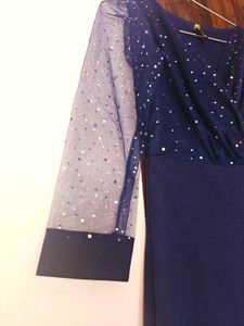 Elegant Navy Dress with Sheer Sleeves