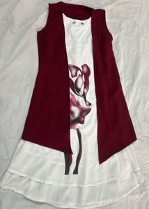Girls Maroon & White Dress with Vest♥️