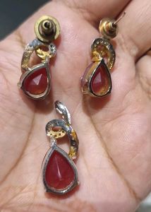 Ruby Drop American Diamod Earrings Pendant Set