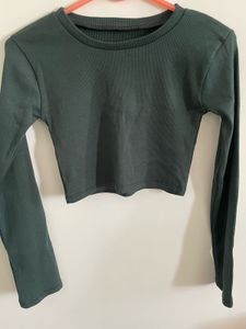 Ribbed Long Sleeve Fitted Crop Top - Dark Green