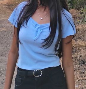 Cute Blue Tie-Front Top