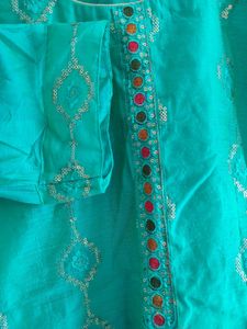Teal Embroidered Kurti Dupatta Pant Suit.