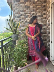 Pink &amp; Blue Printed Salwar Suit With Noodle Strap