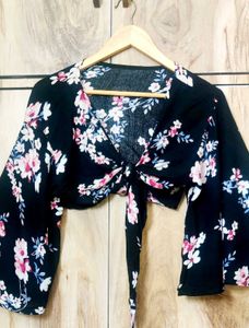 Black Printed Crop Top Size-30
