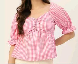 Pink And White Checked ( Gingham) Neck Blouson Top