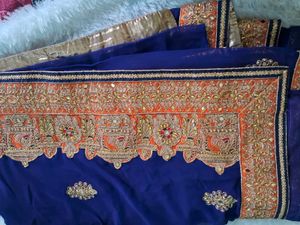 Navy Blue & Orange Embroidered Saree
