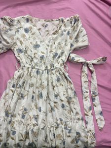 White Floral Knee Length Dress