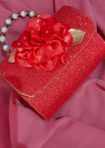 Red Glitter Floral Clutch with Pearl Handle