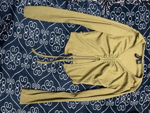 Olive Ribbed Tie Front Top