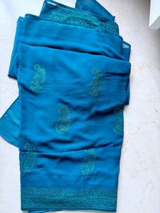 Sworaski &amp; Embroidered Peacock Blue saree
