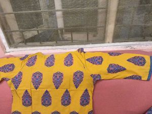 Gently Used Ethnic Mustard With Blue Printed Kurti