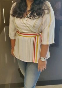 AND V Neck White & Multicolour Wrap Top