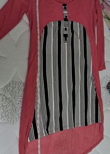 High Low Pink Top with Black N White Stripes