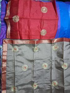 BrandNew Biege TussarSari with Red&amp;Gold Embroidery