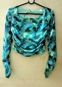 Blue Print Ruched Long Sleeve  Mesh Top