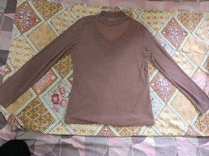 Dusty Mauve Rhinestone Embellished Mesh Knit Top ✨
