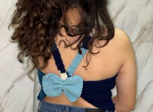 Blue &amp; cream colour blocked top with bows